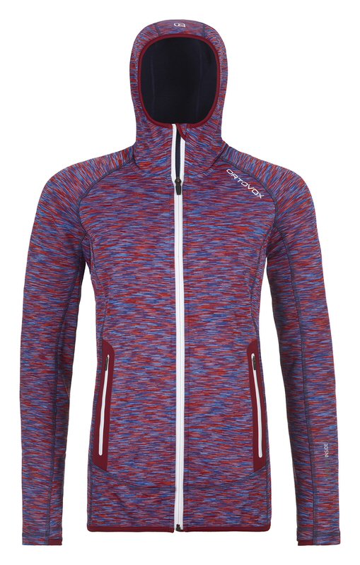 Hoody rayé Ortovox Fleece Dyed en rouge/bleu avec capuche et fermeture éclair blanche sur toute la longueur.