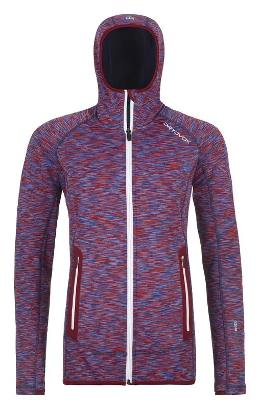 Striped Ortovox Fleece Dyed Hoody in red/blue with hood and full-length white zipper.