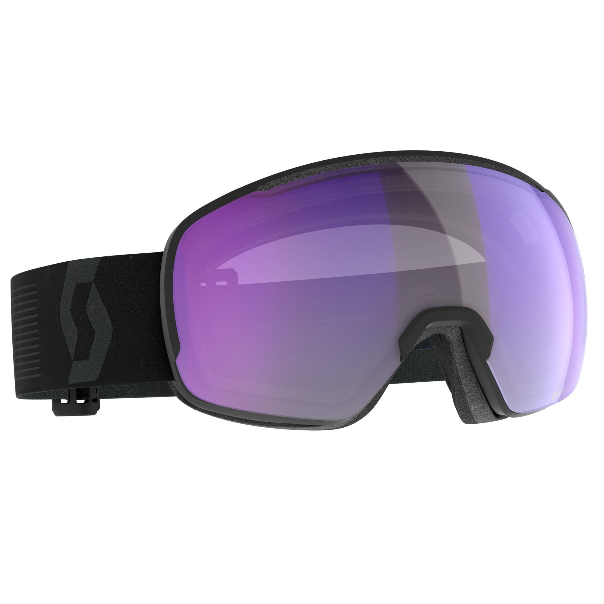 Schwarze Scott Skibrille Sphere OTG LS, seitliche Ansicht. Violett-verspiegelte, sphärische Light Sensitive Scheibe.