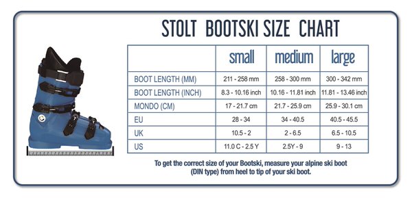 STOLT Bootski Größentabelle für Skischuhe: Small, Medium, Large. Tabelle mit Umrechnung für EU, UK, US und Mondogrößen.