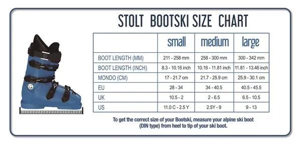 STOLT Bootski Größentabelle für Skischuhe: Small, Medium, Large. Tabelle mit Umrechnung für EU, UK, US und Mondogrößen.