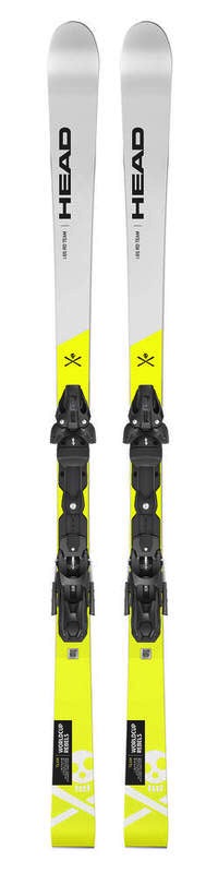 Ein Paar Head WC Rebels iSL RD Team Ski mit Bindung, Frontalansicht, gelb-weisses Design.