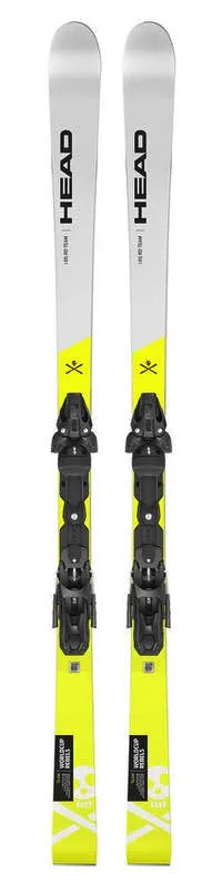Ein Paar Head WC Rebels iSL RD Team Ski mit Bindung, Frontalansicht, gelb-weisses Design.