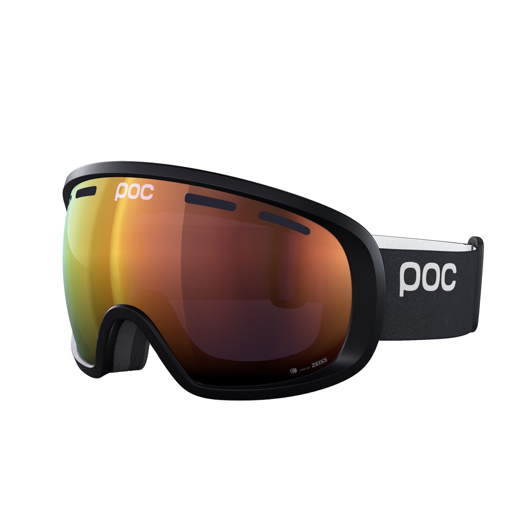Schwarze POC Fovea Clarity Skibrille mit orange-roter, verspiegelter Linse. Das Band ist schwarz mit weißem POC Logo.