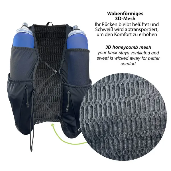 Gilet d'hydratation running noir Hydrabag Elite 8L avec deux gourdes et maille 3D alvéolée dans le dos.
