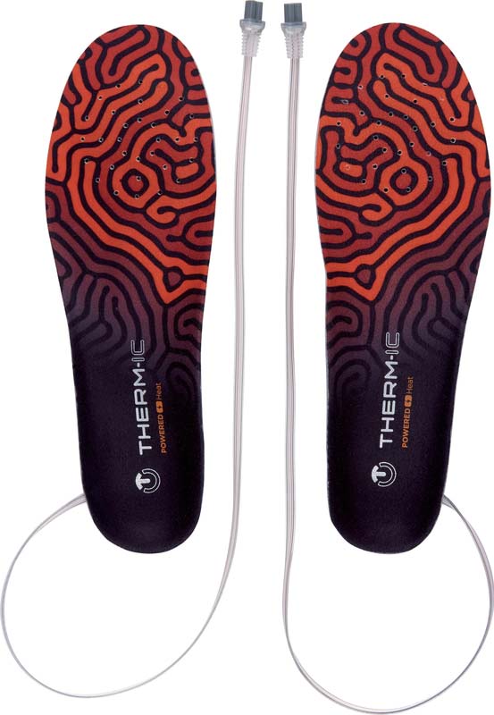 Zwei Therm-ic Insole Heat 3D Heizsohlen mit Kabel. Muster in Rot-Orange-Tönen.