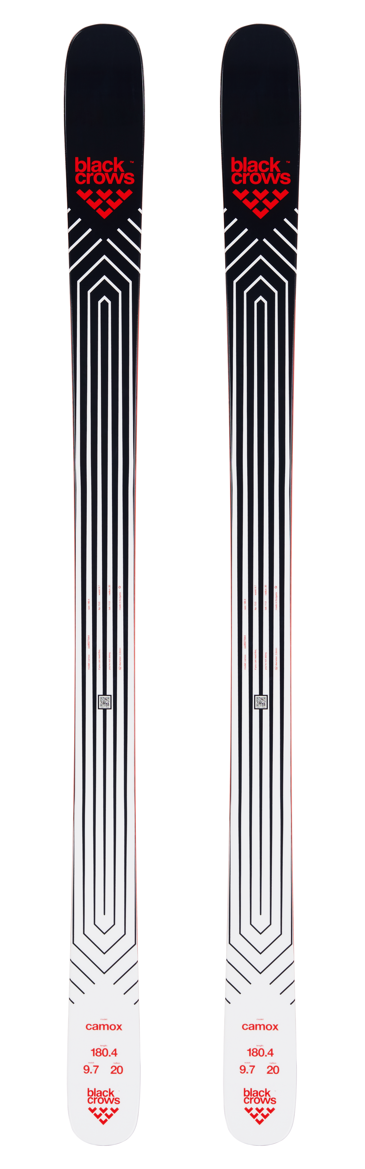 Zwei Black Crows Camox Ski mit schwarz-weissem Grafikdesign, Logo und Modellbezeichnung.