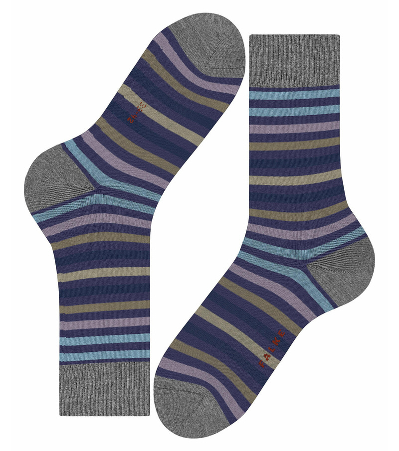 Zwei Falke Herren Socken, Ringeldesign in Viola, Grau, Blau und Braun.