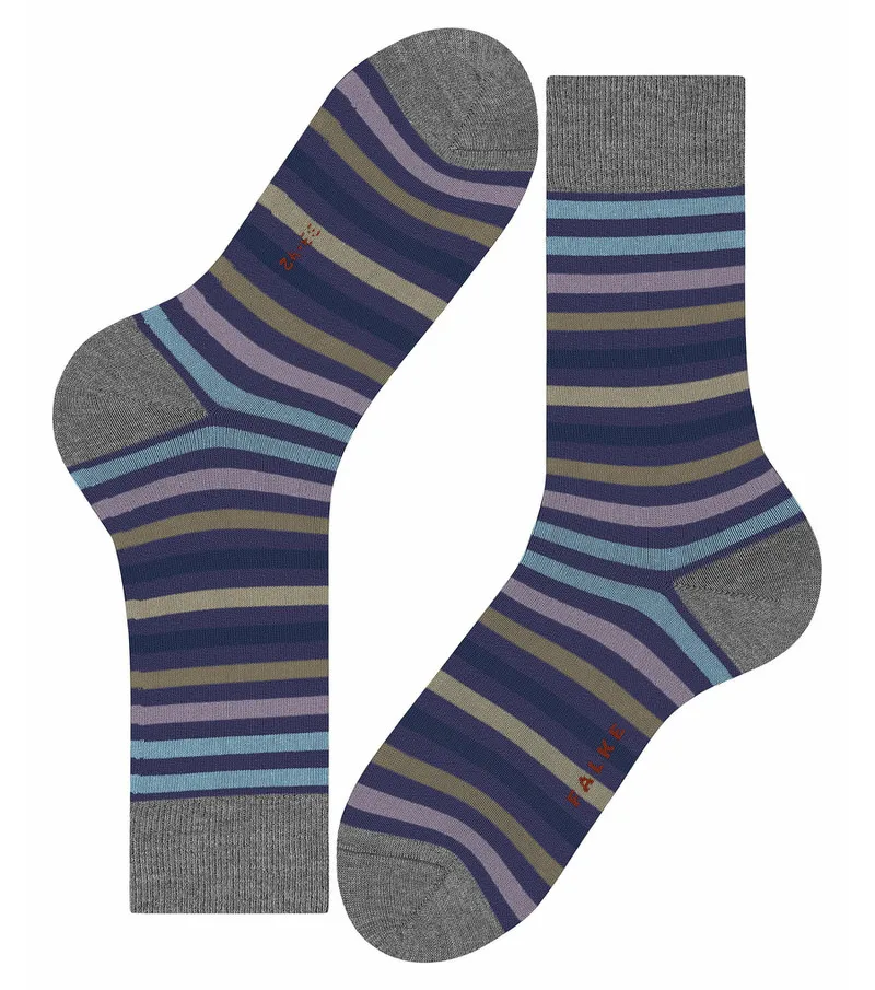 Due calzini da uomo Falke, design a righe in viola, grigio, blu e marrone.