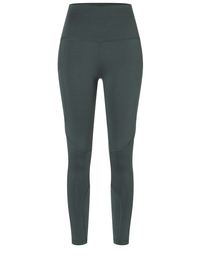 Dunkelgrüne, lange Damen Tights mit hohem Bund und Seitentasche.