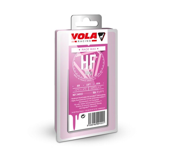 Cera da competizione Vola Racing Confezione Vola Racing Race Violet HF 80g di cera da corsa in bianco/viola con informazioni sulla temperatura e sul fluoro.