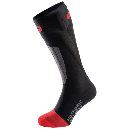 Schwarze Heat Socke Eine schwarze BD Heat Socke XLP PFI 50 Classic mit roter Spitze steht seitlich. Am Bund sind rote Details zu sehen.