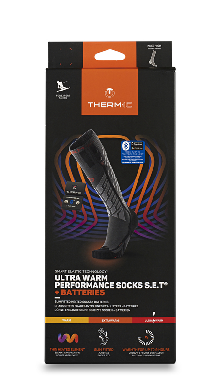 Chaussettes de ski Thermic Ultra Warm Emballage des chaussettes de ski Thermic Ultra Warm Performance avec pack de piles.
