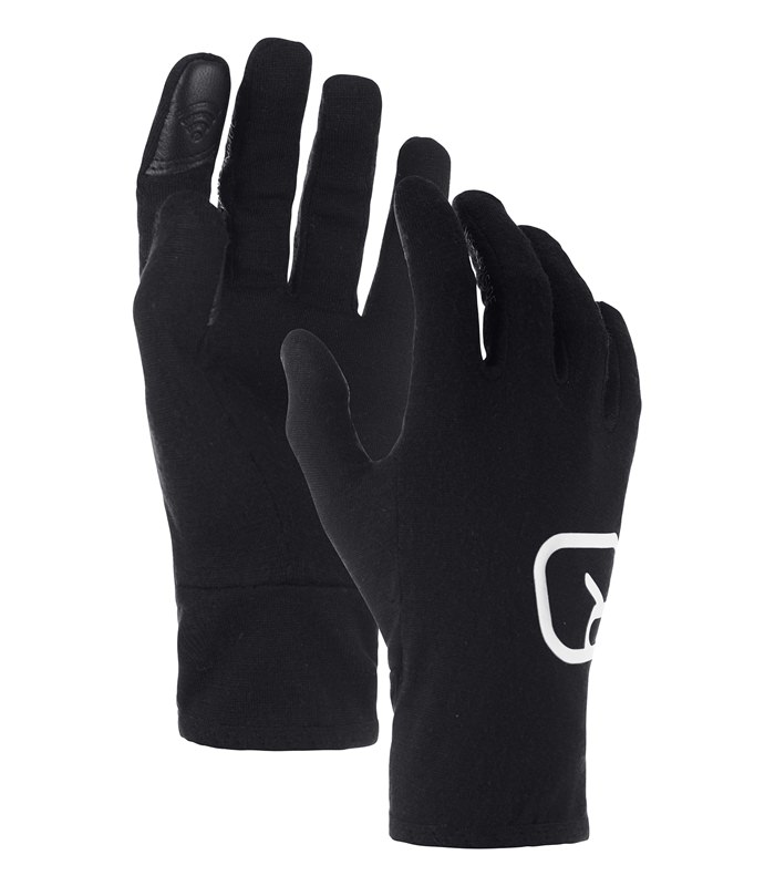 Schwarze Ortovox 185 Rock n Wool Glove Liner für Herren. Dünne Wollhandschuhe mit Touchscreen-kompatiblem Zeigefinger und Markenlogo.