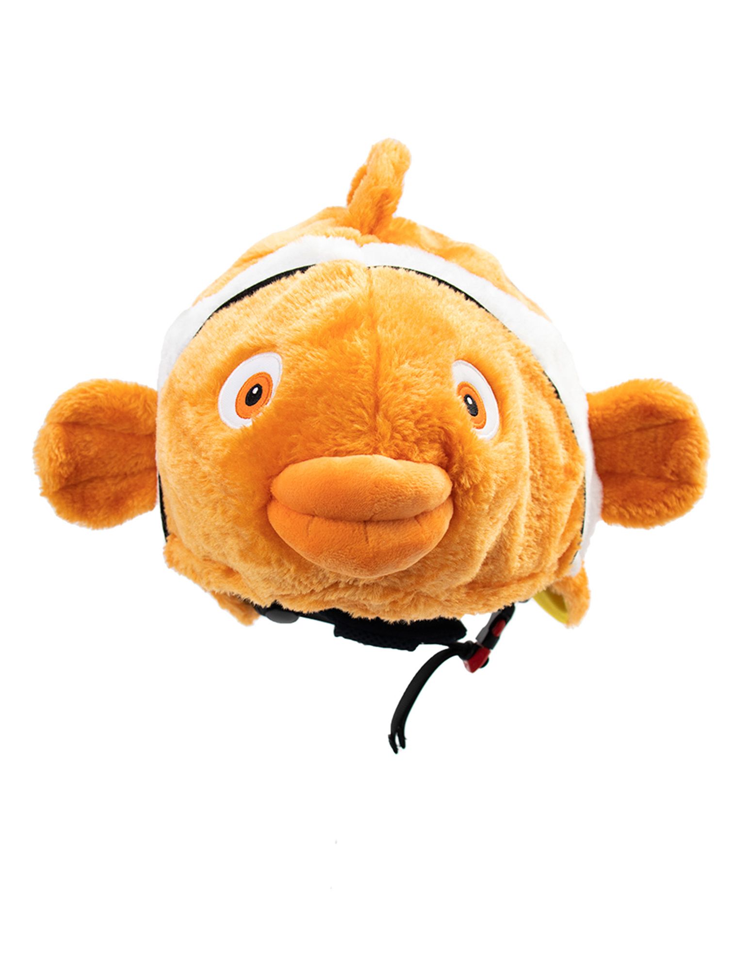 Plüschiger, orangefarbener Clownfisch Helmberzug mit weißen Streifen und großen Augen.
