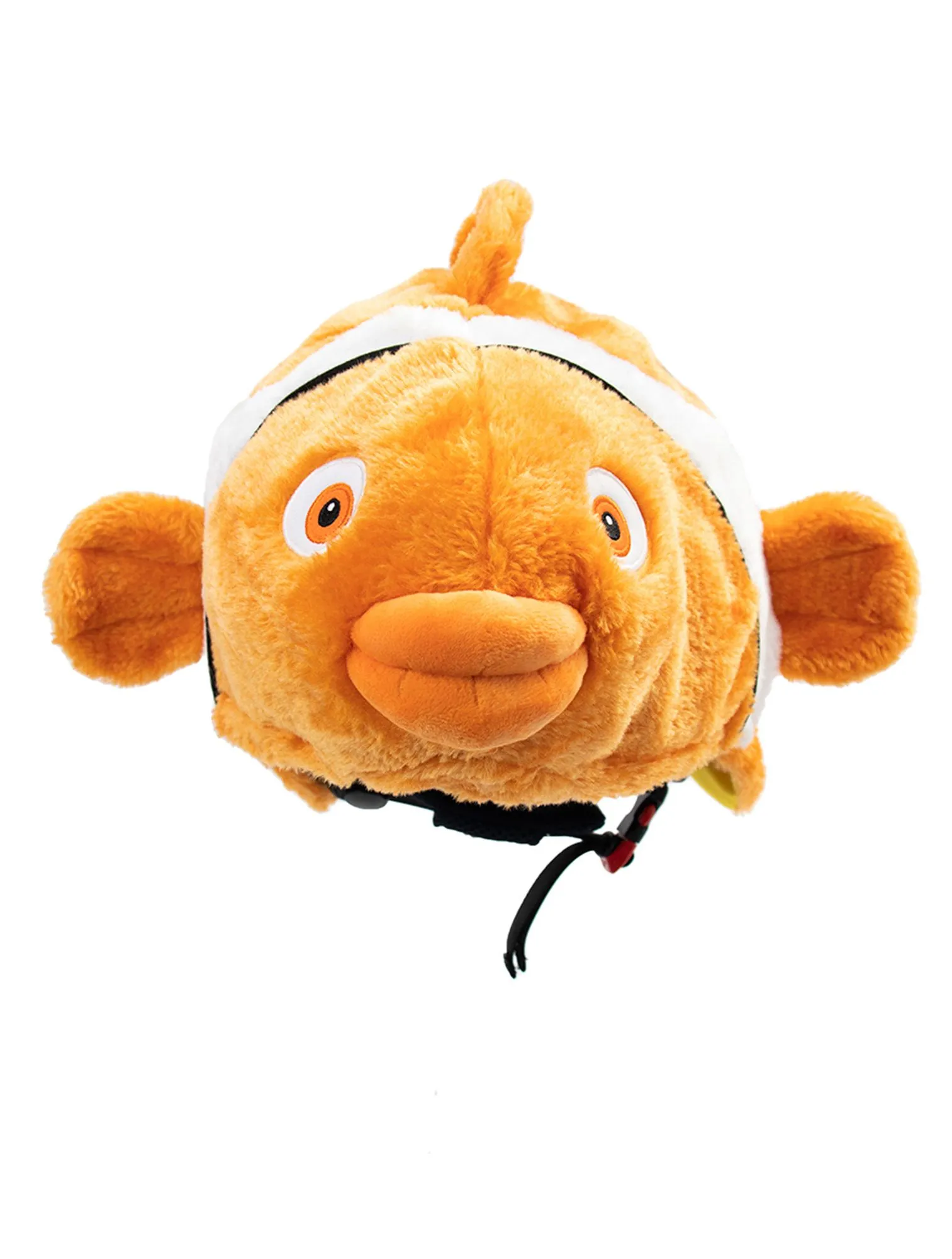 Plüschiger, orangefarbener Clownfisch Helmberzug mit weißen Streifen und großen Augen.