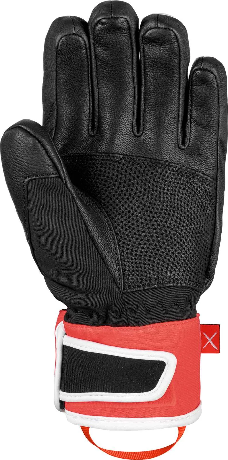 Schwarzer Reusch Worldcup Warrior GS Junior Rennhandschuh von der Handflächenseite. Rot-weißes Band am Handgelenk mit Verschluss.