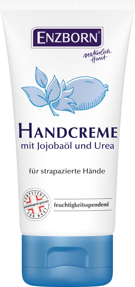 Weiße Tube Handcreme mit Jojobaöl und Urea mit blauem Verschluss.