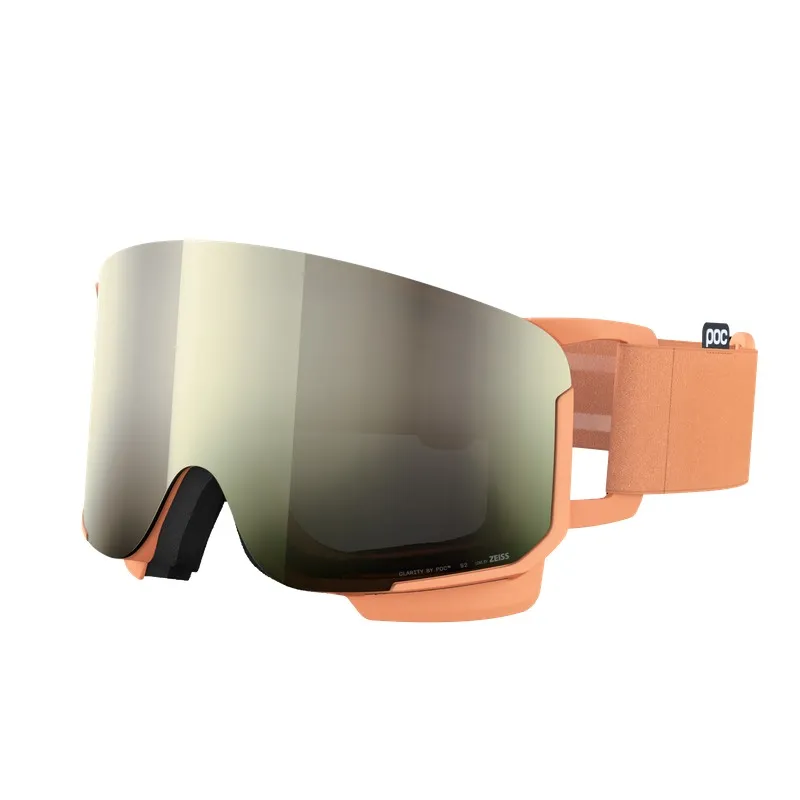 Orangefarbene Skibrille mit großem, verspiegeltem Glas und schwarzem Schaumstoff an der Innenseite.
