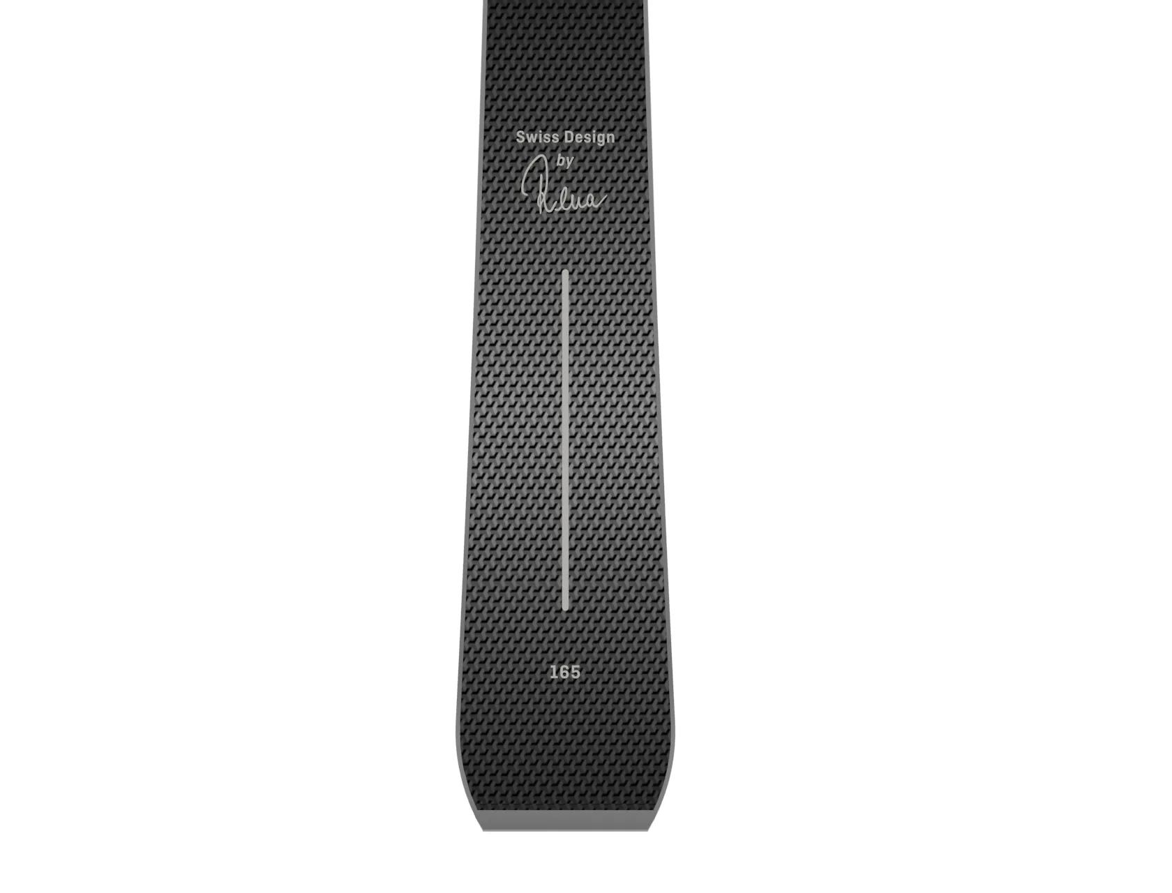 Detailaufnahme des Ramser Black LTD Ski-Endes mit Muster, Schriftzug "Swiss Design" und Größenangabe.