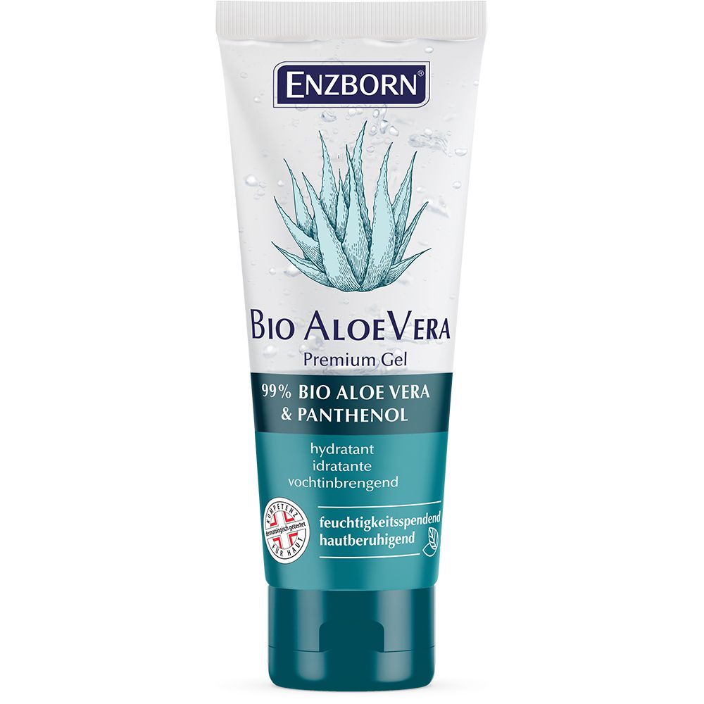 Un tube Enzborn Bio Aloe Vera Premium Gel avec illustration d'aloe vera, composé à 99% d'aloe vera et de panthénol.