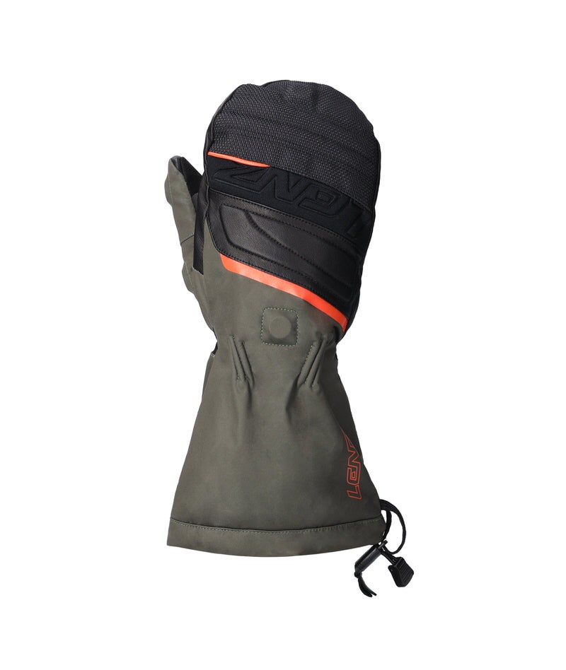 Einzelner Lenz Heat Glove Hunting Fäustling in Schwarz und Grün, mit abgeklappten Fingern und Daumen.