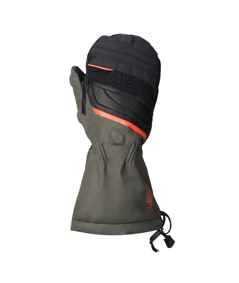 Einzelner Lenz Heat Glove Hunting Fäustling in Schwarz und Grün, mit abgeklappten Fingern und Daumen.