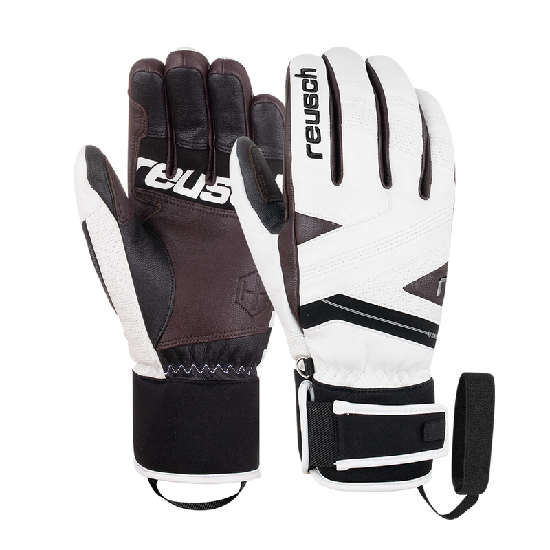 Zwei Reusch Henrik Kristoffersen Signature Handschuhe, einer braunes Leder, einer weißes Leder, mit Reusch Logo.