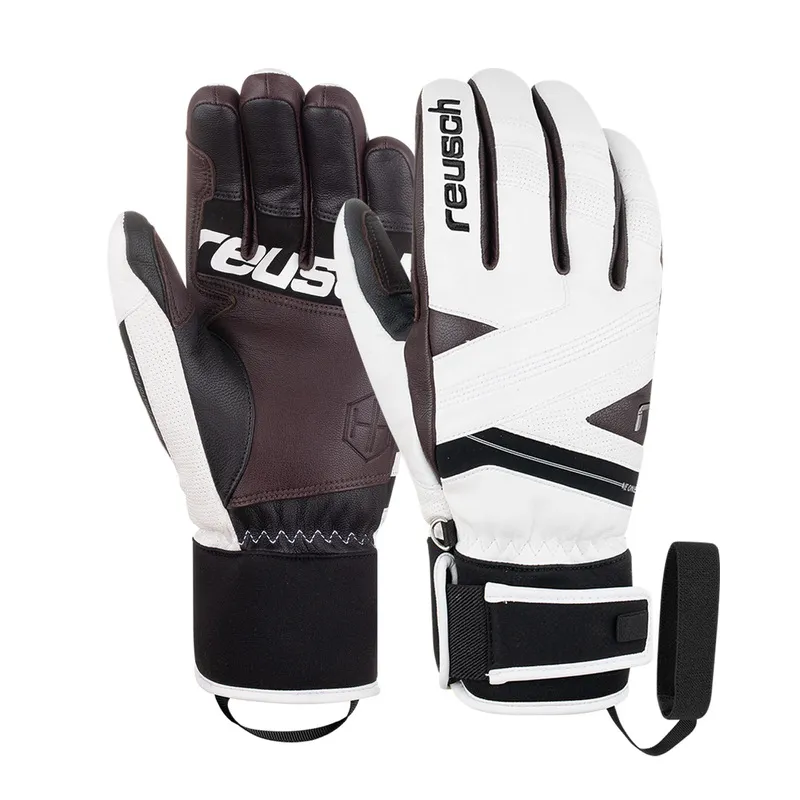 Zwei Reusch Henrik Kristoffersen Signature Handschuhe, einer braunes Leder, einer weißes Leder, mit Reusch Logo.