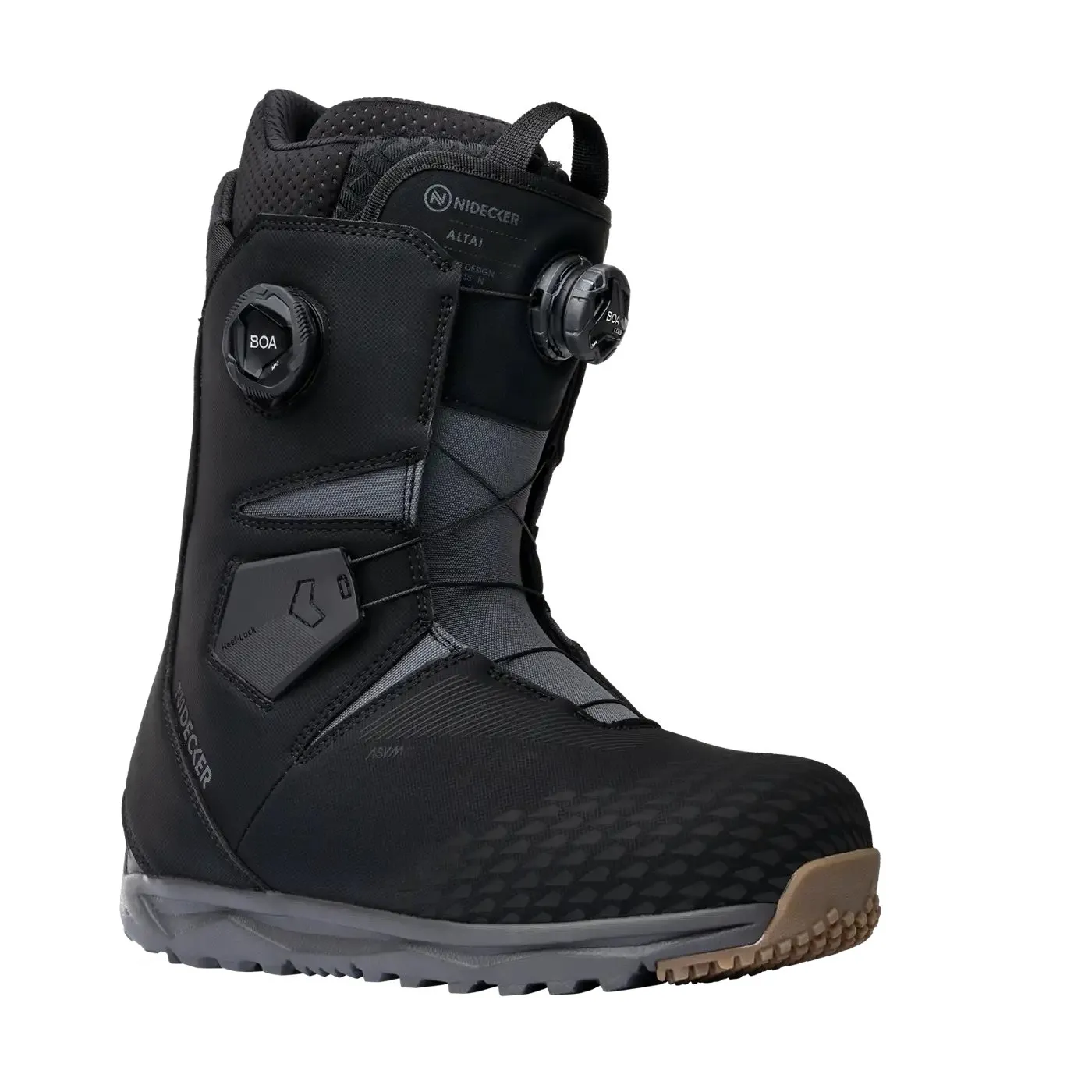A black snowboard boot with twist lock and gray lining, Nidecker logo on the side, isolated against a white background.