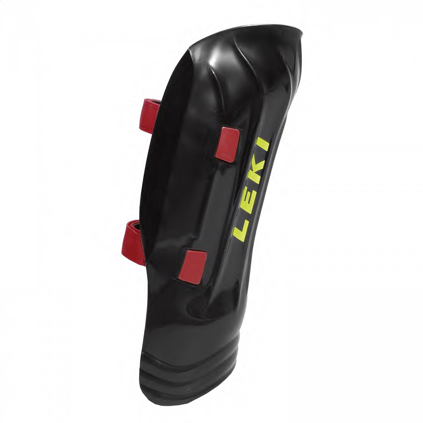 Schwarzer Leki Schienbeinschutz Worldcup Pro mit roten Straps und gelbem Logo.