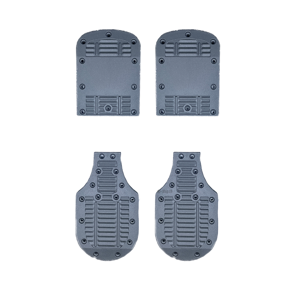 Lifter pour chaussures de ski gris Chaussure de ski grise Lifter : deux pour l'avant-pied, deux pour le talon. Surface adhérente, trous de vis.