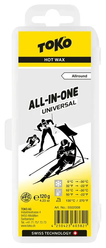 Emballage du fart de ski universel Toko All-in-One, jaune et blanc avec illustration de skieur et indications de température.