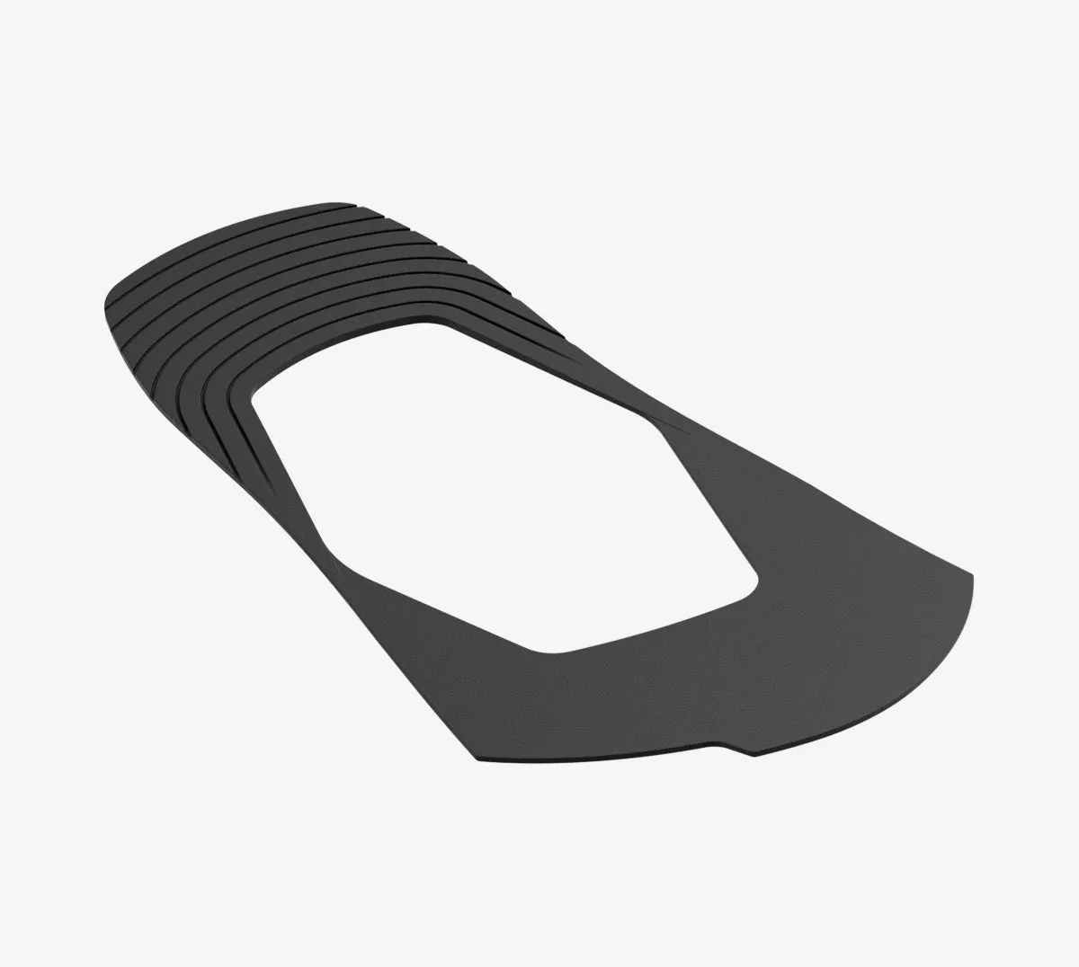 Schwarze Snowboardbindung Baseplate, zweilagige Konstruktion, asymmetrisches Design, Detailaufnahme.