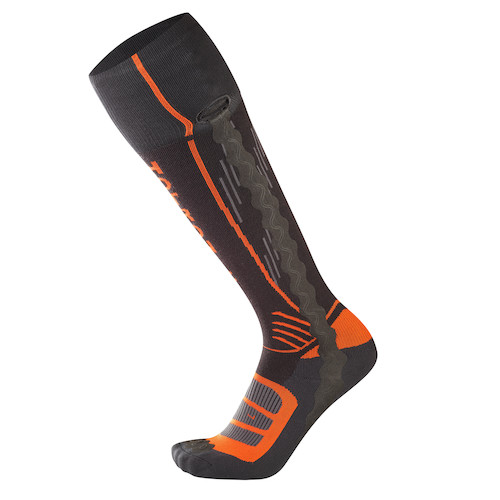 Dunkelgraue Heat Socks Kniestrümpfe: Dunkelgraue Heat Socks Surround Thin EVO mit orangefarbenen Akzenten, atmungsaktivem Design und leichter Kompression.