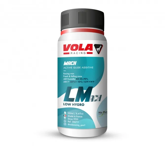 A bottle of Vola LMach Blue liquid wax. Blue lettering on a white background. Product for low humidity.