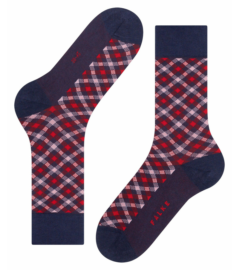 Zwei Falke Herren Socken in Dunkelblau mit rot-rosa Karo Muster.