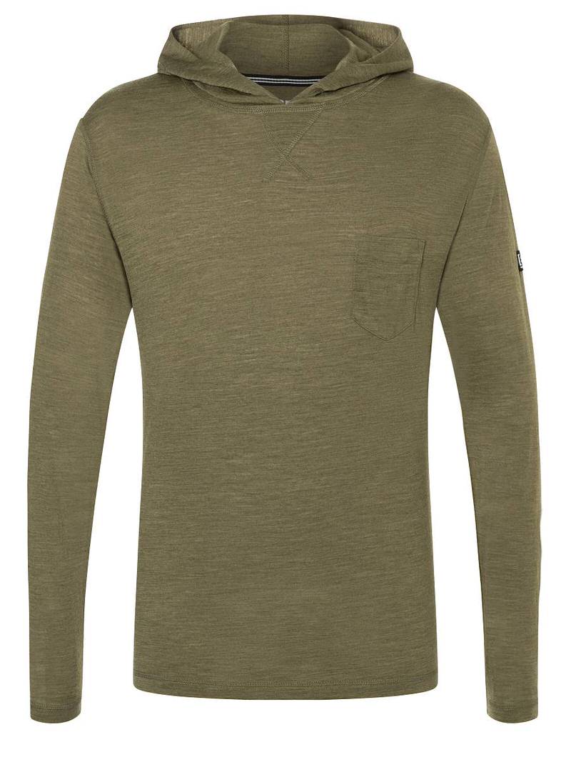 Olivegrüner Kapuzenpullover mit langen Ärmeln und aufgesetzter Brusttasche.