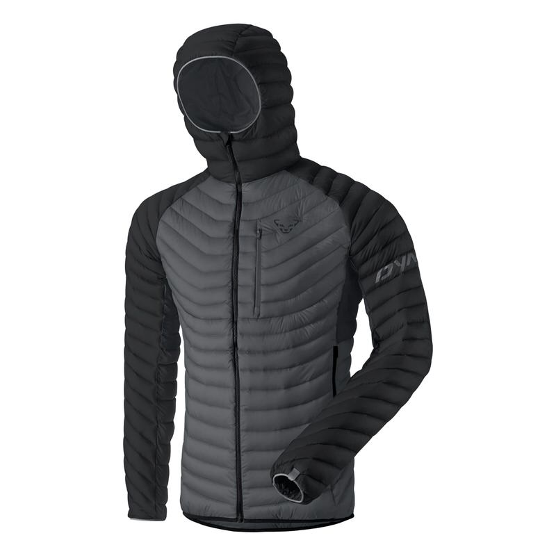 Graue/schwarze Dynafit Radical Down Herren Tourenskijacke mit Kapuze, Reißverschluss und Dynafit-Logo.