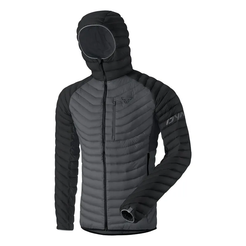 Veste de ski de randonnée grise/noire Dynafit Radical Down pour hommes avec capuche, fermeture éclair et logo Dynafit.