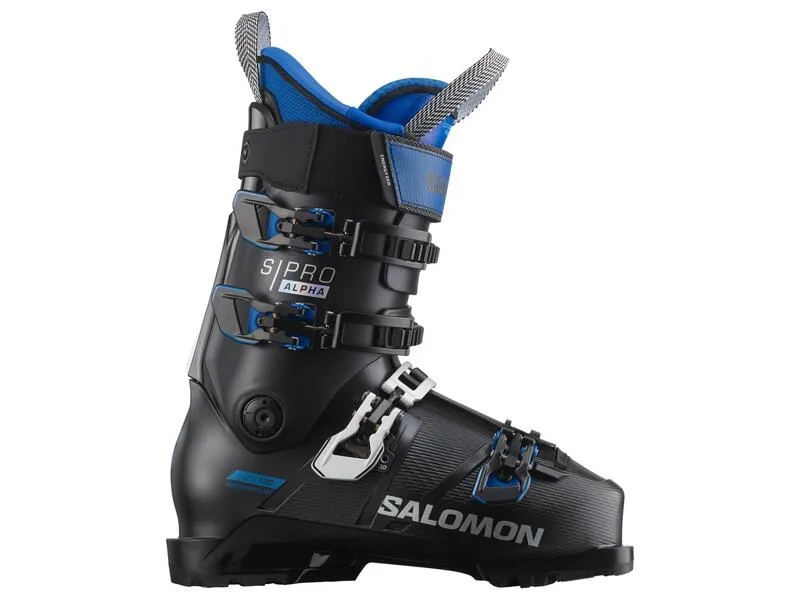 Black Salomon S/PRO Alpha 120 EL ski boot for men, side view. Blue accents on buckles and inner boot.