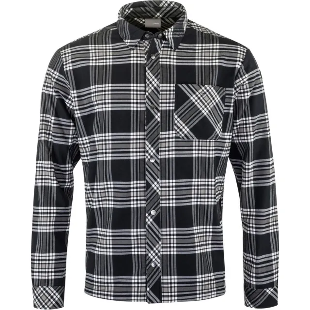 Men's shirt, flannel shirt, check pattern in black, gray and white, long sleeves, breast pocket.