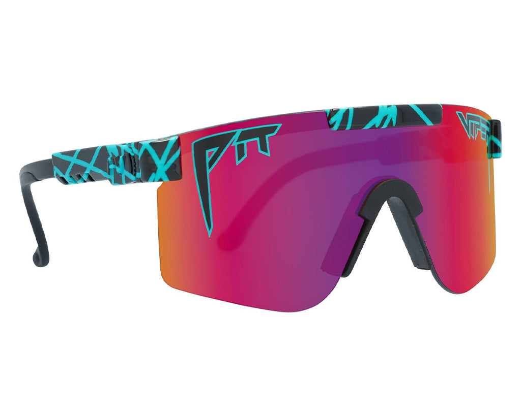 Lunettes de soleil PitViper "The Voltage Lunettes de soleil polarisées roses et violettes de la marque PitViper "The Voltage" avec monture noire et accents turquoises.