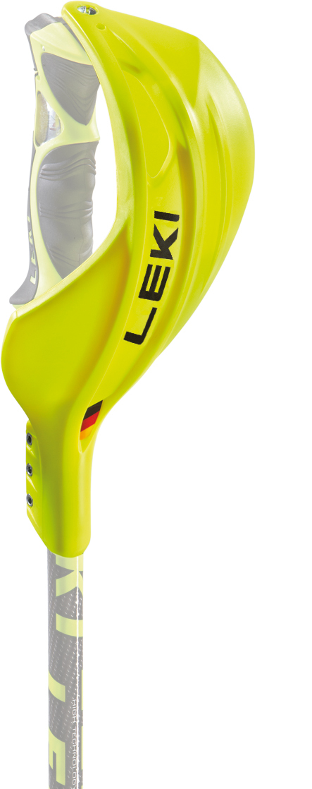 Gelber Leki Schlagschutz Worldcup am Ski-Stock mit Logo und deutscher Flagge, schützt vor Torstangen beim Slalom.