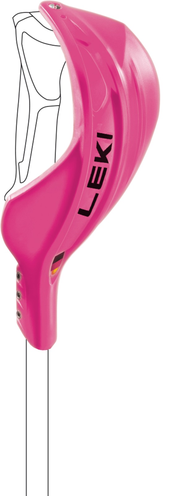 Nahaufnahme vom pinken Leki Schlagschutz Bügel mit schwarzem Logo und Montagedetails.