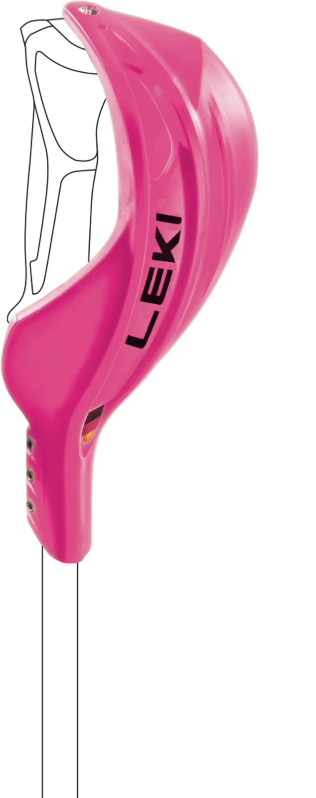 Gros plan sur l'arceau de protection rose Leki avec le logo noir et les détails de montage.