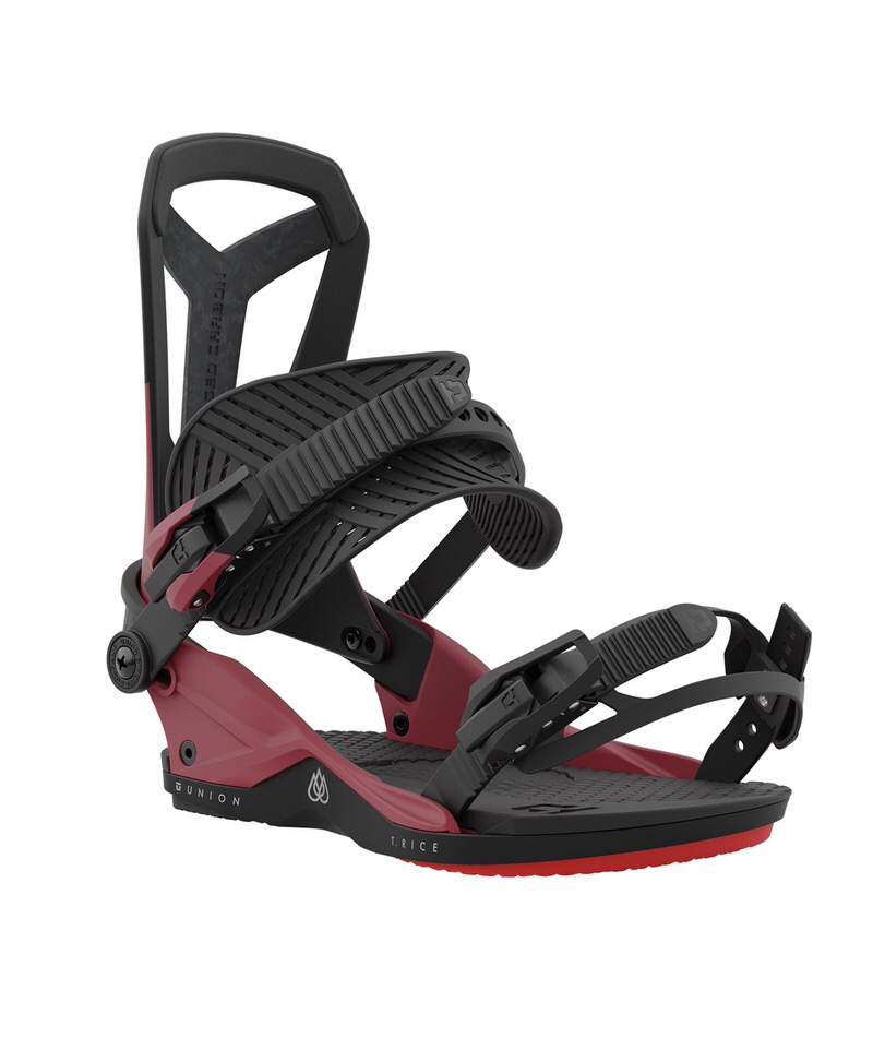 Union Falcor Rot Snowboardbindung Die Union Falcor Red Snowboardbindung, seitliche Ansicht. Basis ist rot, Straps und Highback sind schwarz.