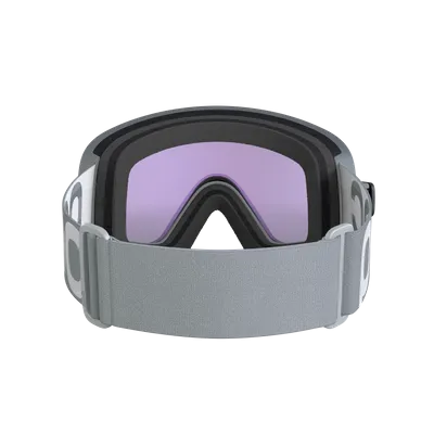 Vue de dessus d'un masque de ski avec des verres violets, une monture grise et un bandeau gris sur un fond blanc.