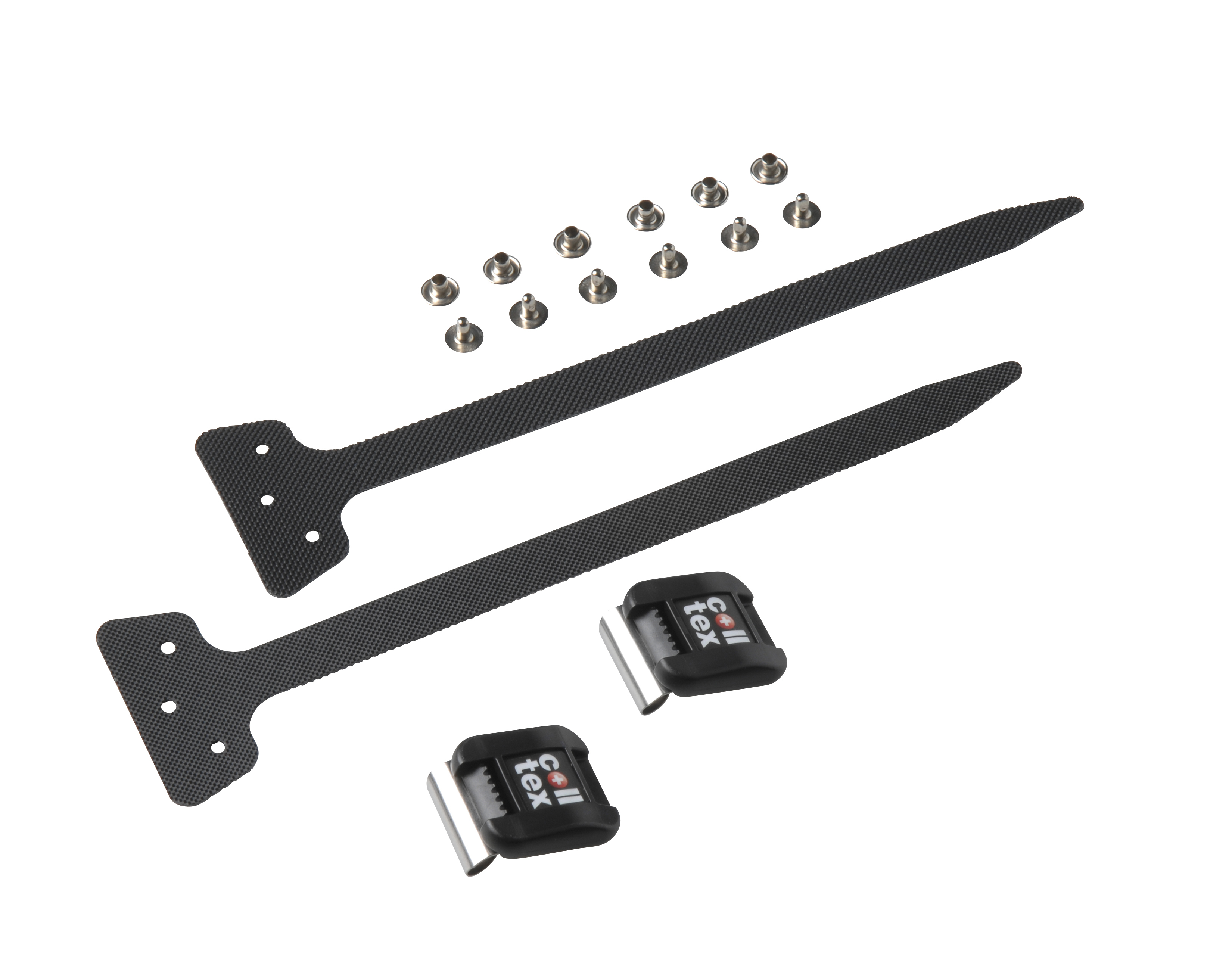 Colltex Camlock Kit: Zwei gelochte Bänder, zwei Endhaken mit Logo und sechs Nieten.