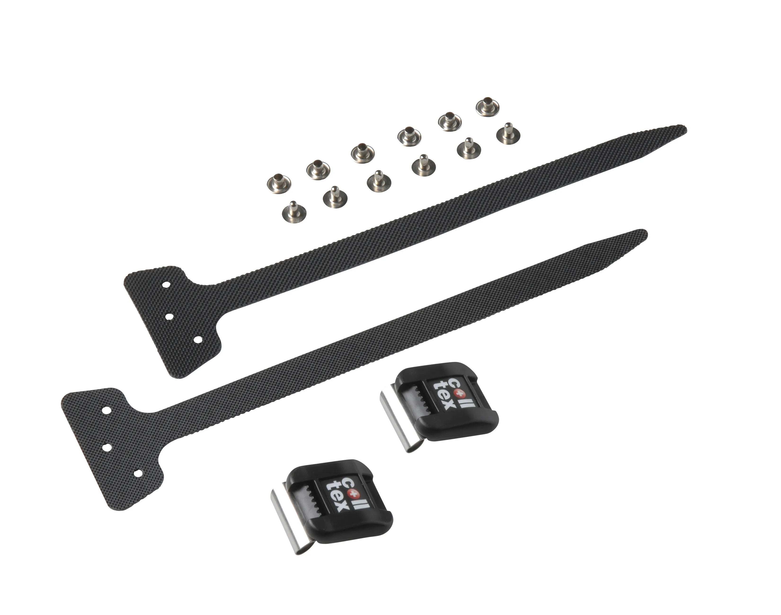 Colltex Camlock Kit: Zwei gelochte Bänder, zwei Endhaken mit Logo und sechs Nieten.